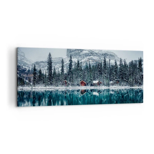Cuadro sobre lienzo - Impresión de Imagen - Paisaje invernal con cabañas en el bosque junto a un lago congelado - 120x50cm - Retiro canadiense - Decoración de pared moderna para salón y dormitorio ARTTOR