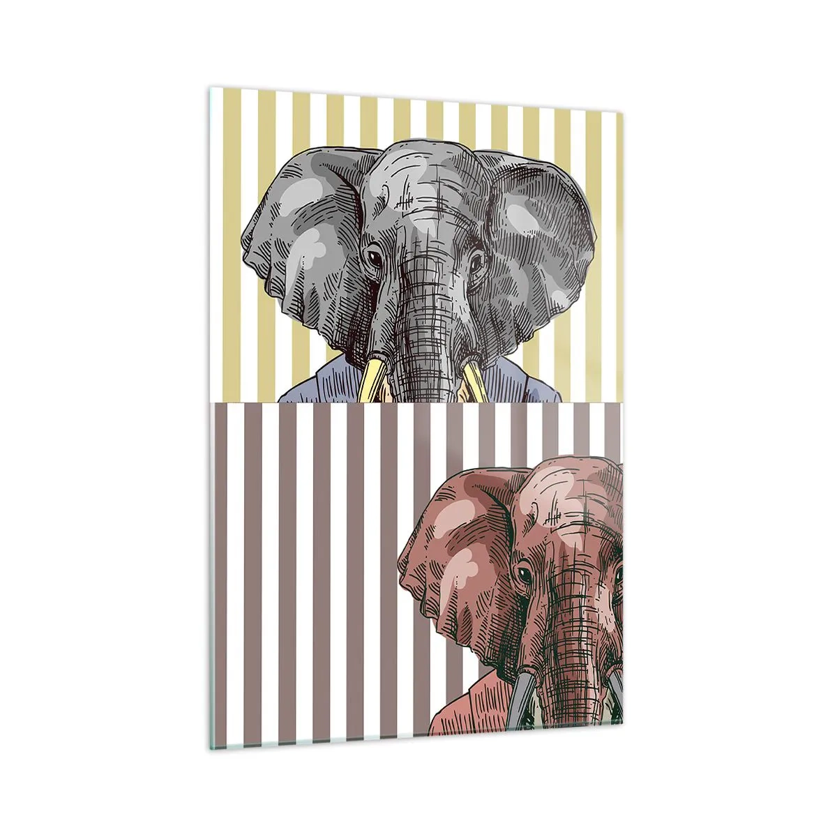 Cuadro sobre vidrio - Impresiones sobre Vidrio - Un elefante con traje sobre un fondo de rayas amarillas. - 50x70cm - Elegante por naturaleza - Decoración de pared moderna para salón y dormitorio ARTTOR