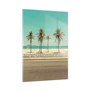 Cuadro sobre vidrio - Impresiones sobre Vidrio - Palmeras en el paseo marítimo con la playa y el océano al fondo - 50x70cm - En la playa - Decoración de pared moderna para salón y dormitorio ARTTOR