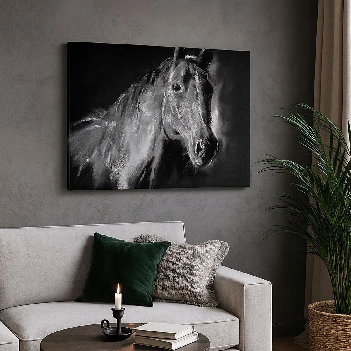 Cuadro sobre lienzo - Impresión de Imagen - Retrato de un caballo en un estilo dinámico en blanco y negro. - 70x50cm - El brillo de un alma noble - Decoración de pared moderna para salón y dormitorio ARTTOR