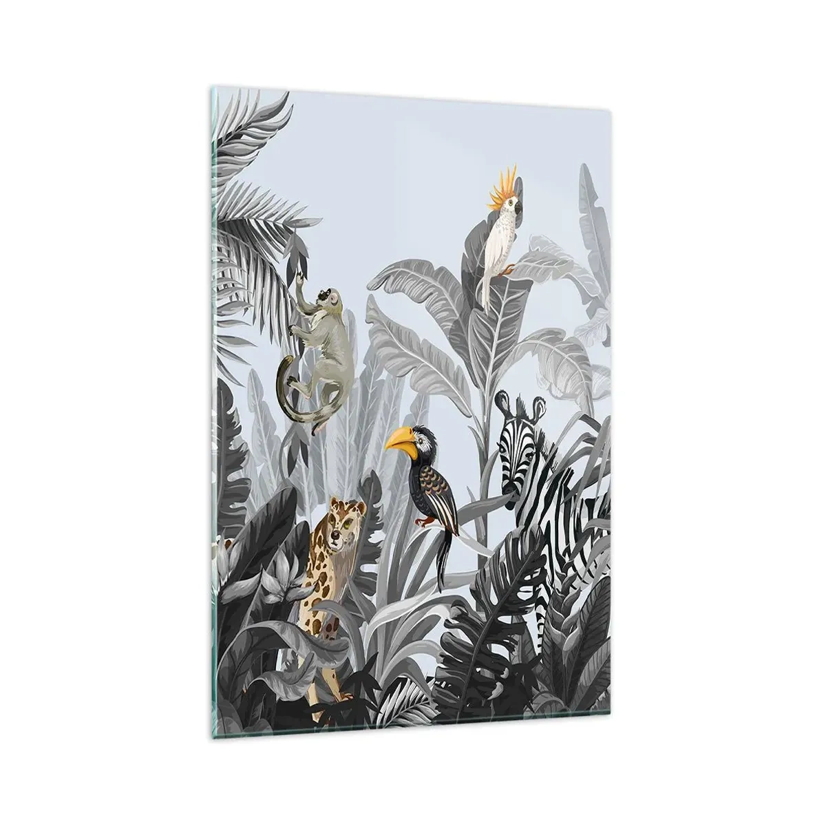 Cuadro sobre vidrio - Impresiones sobre Vidrio - Selva tropical con animales exóticos sobre un fondo gris. - 80x120cm - Un cuento de hadas africano - Decoración de pared moderna para salón y dormitorio ARTTOR