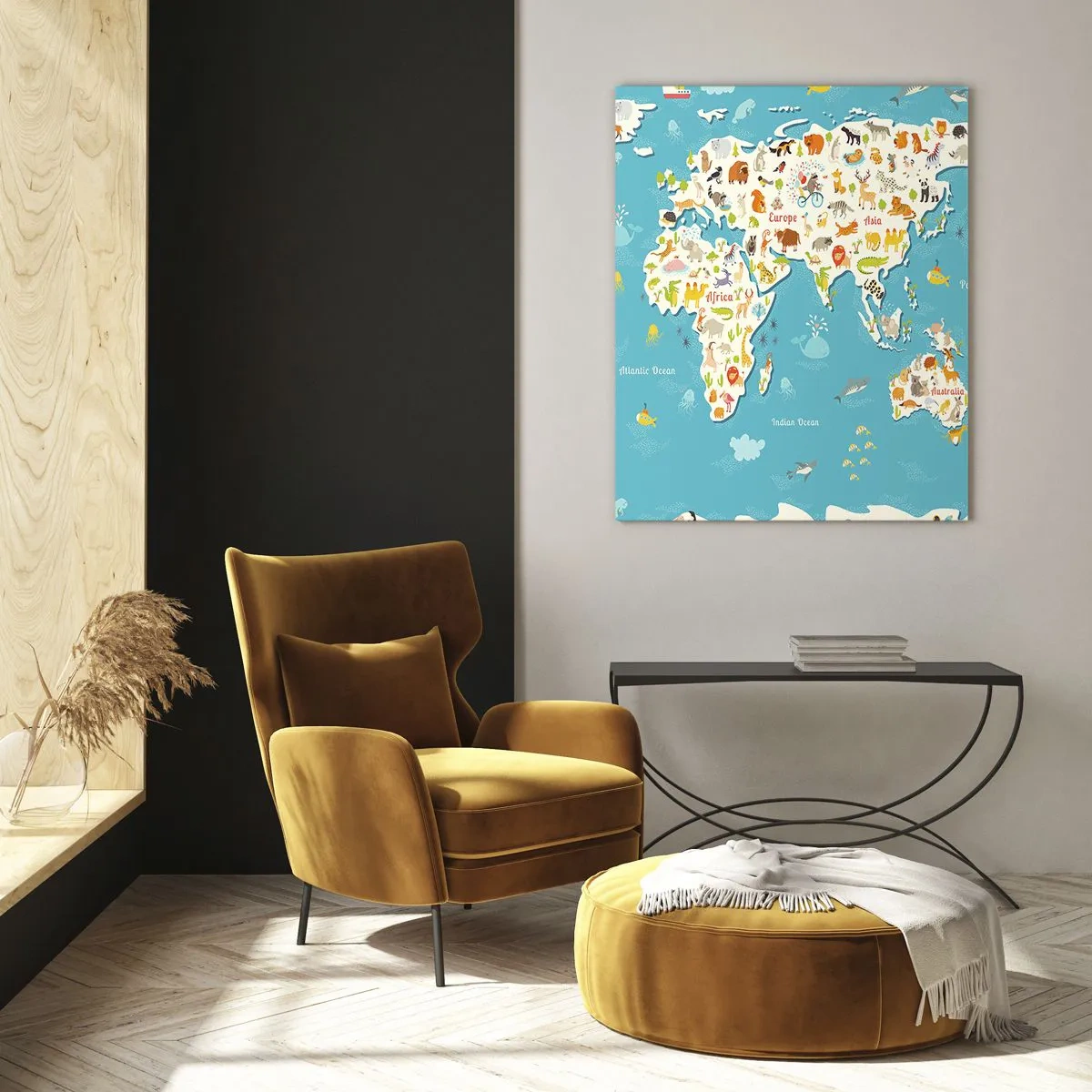 Cuadro sobre vidrio - Impresiones sobre Vidrio - Mapa del mundo colorido con ilustraciones de animales - 80x120cm - Amamos al mundo entero - Decoración de pared moderna para salón y dormitorio ARTTOR