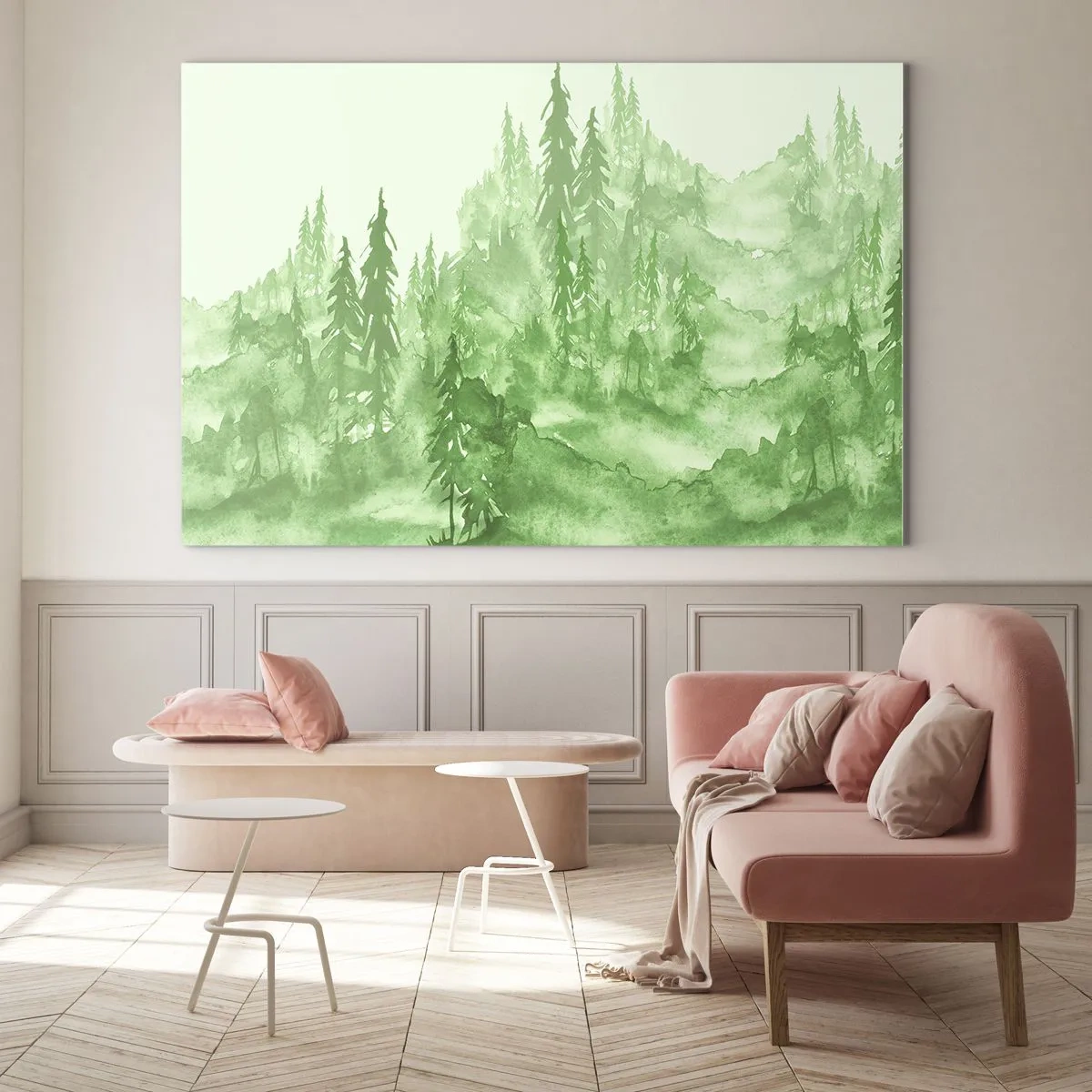 Cuadro sobre vidrio - Impresiones sobre Vidrio - Bosque verde en estilo acuarela - 70x50cm - Difuminado con niebla verde - Decoración de pared moderna para salón y dormitorio ARTTOR