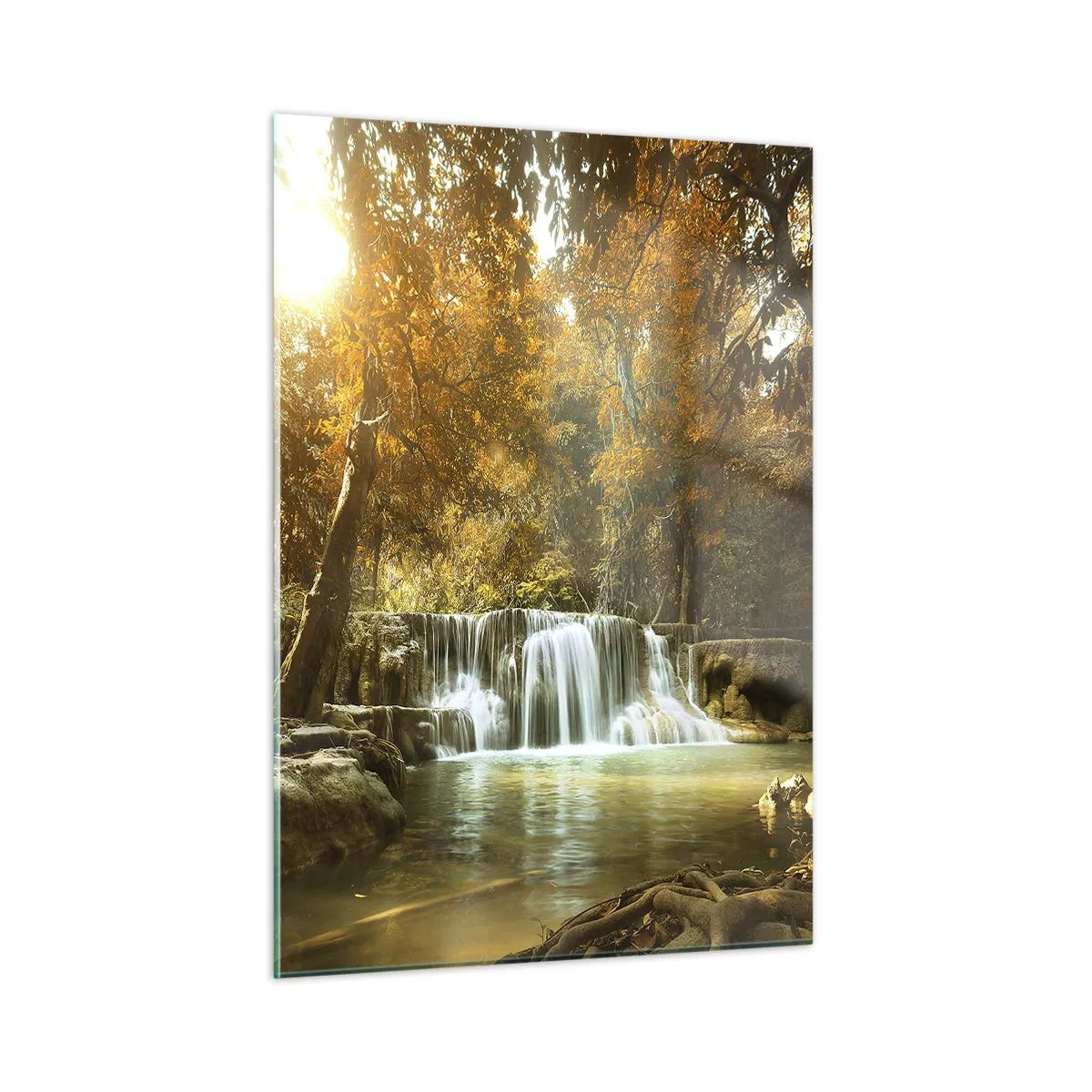 Cuadro sobre vidrio - Impresiones sobre Vidrio - Una cascada en un parque rodeada de árboles en colores otoñales. - 50x70cm - Una cascada en el parque - Decoración de pared moderna para salón y dormitorio ARTTOR