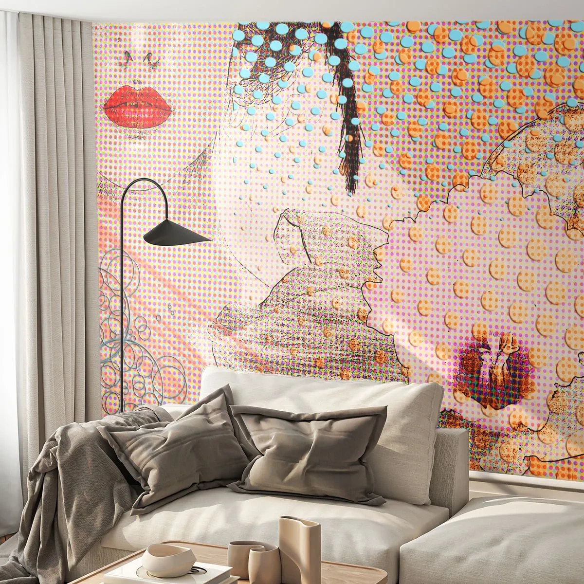 Fotomural Premium Sand - Retrato femenino de arte pop con motivo de orquídea - 100x70cm - Heroína de cómic - Decoración de pared moderna para salón y dormitorio ARTTOR