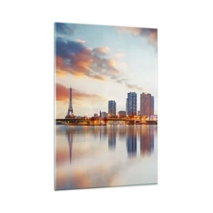 Cuadro sobre vidrio - Impresiones sobre Vidrio - Panorama de edificios modernos y la Torre Eiffel sobre el agua - 80x120cm - La calma monumental de París - Decoración de pared moderna para salón y dormitorio ARTTOR
