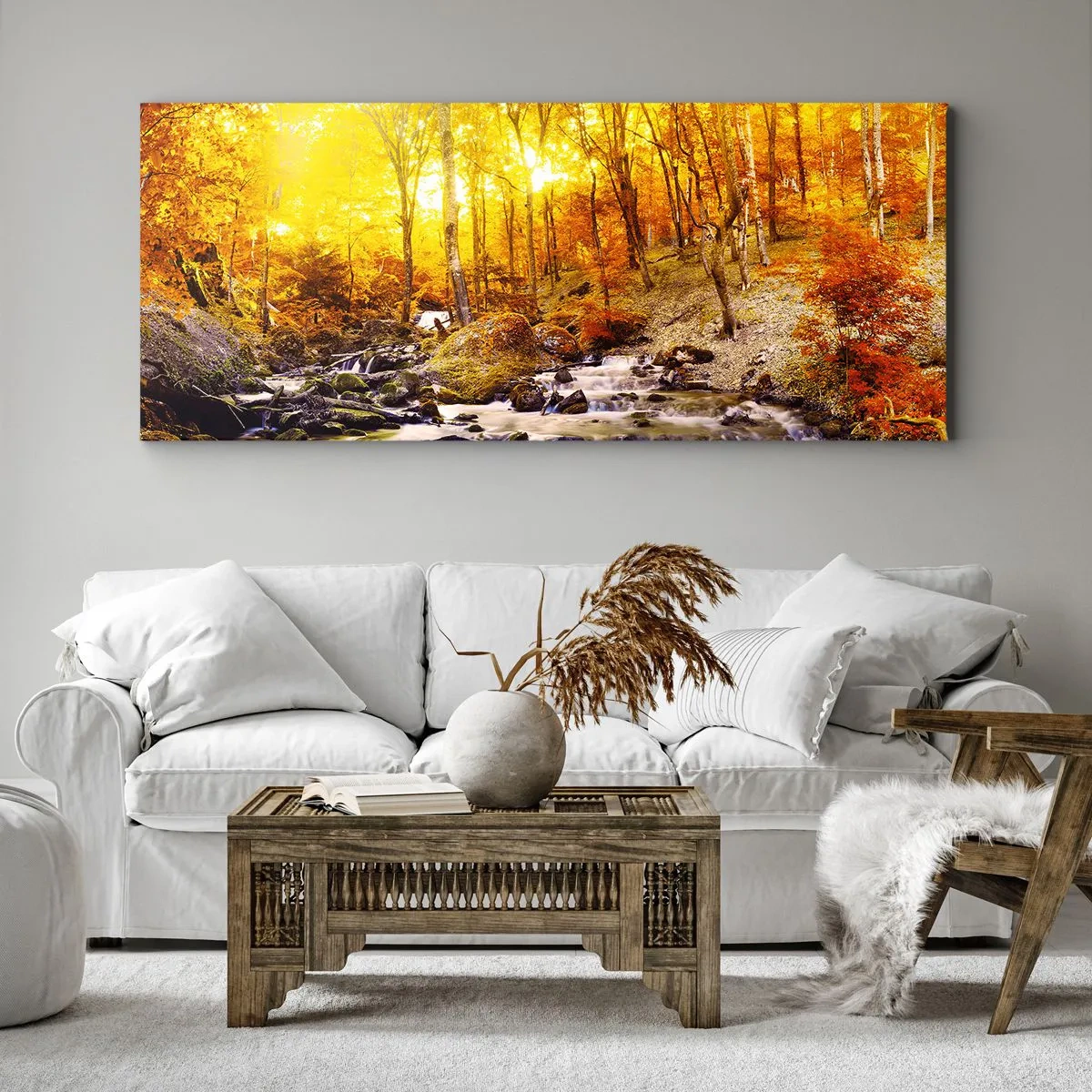 Cuadro sobre lienzo - Impresión de Imagen - Bosque otoñal con un arroyo entre hojas doradas - 140x50cm - Piedras bañadas en oro y platino - Decoración de pared moderna para salón y dormitorio ARTTOR