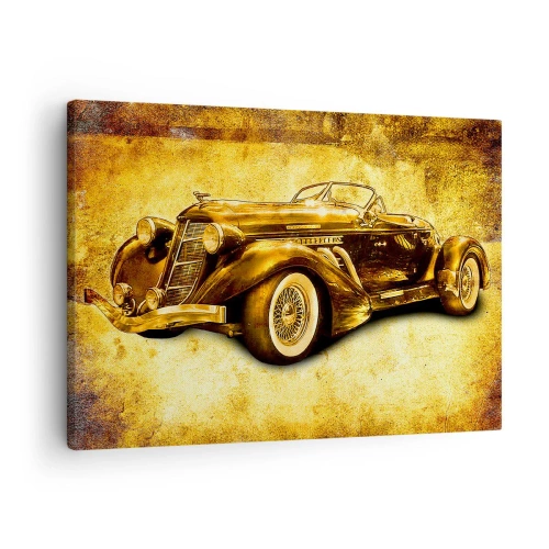 Cuadro sobre lienzo - Impresión de Imagen - Un clásico convertible retro dorado sobre un fondo vintage en colores cálidos. - 70x50cm - La élite de la élite - Decoración de pared moderna para salón y dormitorio ARTTOR