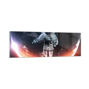 Cuadro sobre vidrio - Impresiones sobre Vidrio - Un astronauta flotando sobre una Tierra iluminada por el sol. - 160x50cm - ¿Puedo quedarme un rato más? - Decoración de pared moderna para salón y dormitorio ARTTOR