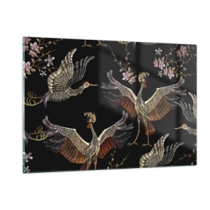 Cuadro sobre vidrio - Impresiones sobre Vidrio - Pájaros en vuelo con flores sobre fondo negro, estilo retro. - 120x80cm - Aves de cuento de hadas - Decoración de pared moderna para salón y dormitorio ARTTOR