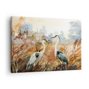 Cuadro sobre lienzo - Impresión de Imagen - Dos garzas sobre el fondo de un paisaje otoñal. - 70x50cm - ¿A dónde nos dirigimos en otoño? - Decoración de pared moderna para salón y dormitorio ARTTOR