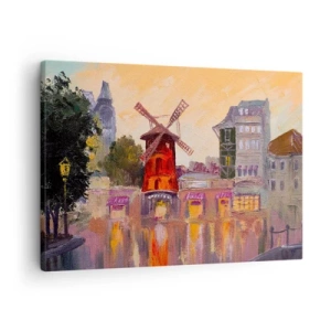 Cuadro sobre lienzo - Impresión de Imagen - El molino de viento rojo del Moulin Rouge rodeado del paisaje urbano - 70x50cm - Iconos parisinos - Moulin Rouge - Decoración de pared moderna para salón y dormitorio ARTTOR