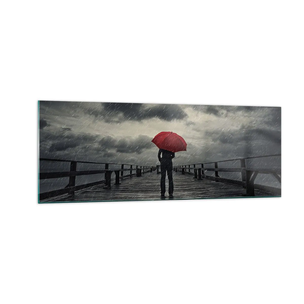 Cuadro sobre vidrio - Impresiones sobre Vidrio - Una persona con un paraguas rojo en un muelle lluvioso. - 140x50cm - No importa que llueva - Decoración de pared moderna para salón y dormitorio ARTTOR