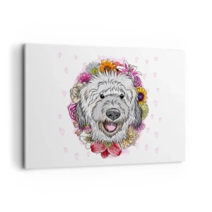 Cuadro sobre lienzo - Impresión de Imagen - Un perro rodeado de flores de colores. - 100x70cm - Alegría de cachorro - Decoración de pared moderna para salón y dormitorio ARTTOR