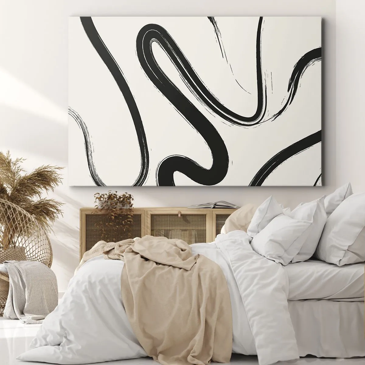 Cuadro sobre lienzo - Impresión de Imagen - Líneas curvas en blanco y negro sobre un fondo claro - 70x50cm - Fantasía en blanco y negro - Decoración de pared moderna para salón y dormitorio ARTTOR
