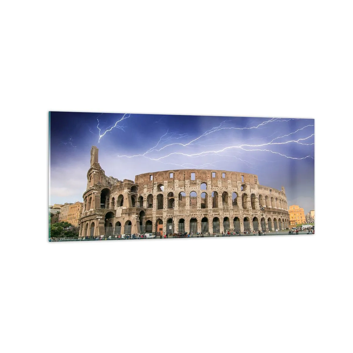 Cuadro sobre vidrio - Impresiones sobre Vidrio - El Coliseo de Roma iluminado por un rayo - 120x50cm - Arena de guerreros - Decoración de pared moderna para salón y dormitorio ARTTOR