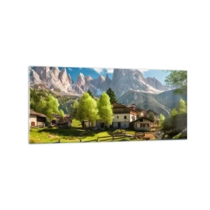 Cuadro sobre vidrio - Impresiones sobre Vidrio - Un pueblo de montaña con casas y vistas a los Alpes. - 120x50cm - Idilio alpino - Decoración de pared moderna para salón y dormitorio ARTTOR
