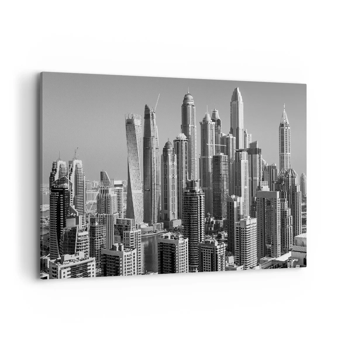 Cuadro sobre lienzo - Impresión de Imagen - Panorama de rascacielos modernos en tonos monocromáticos. - 120x80cm - Ciudad sobre el desierto - Decoración de pared moderna para salón y dormitorio ARTTOR