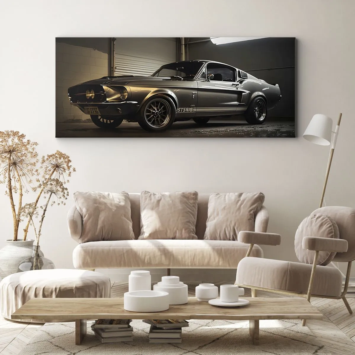 Cuadro sobre lienzo - Impresión de Imagen - Coche clásico en garaje retro - 120x50cm - Un retorno al pasado - Decoración de pared moderna para salón y dormitorio ARTTOR