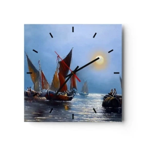 Reloj de pared - Reloj de vidrio - Barcos con velas en aguas tranquilas al atardecer - 30x30cm - Pesca nocturna - Decoración de pared moderna para salón y dormitorio ARTTOR