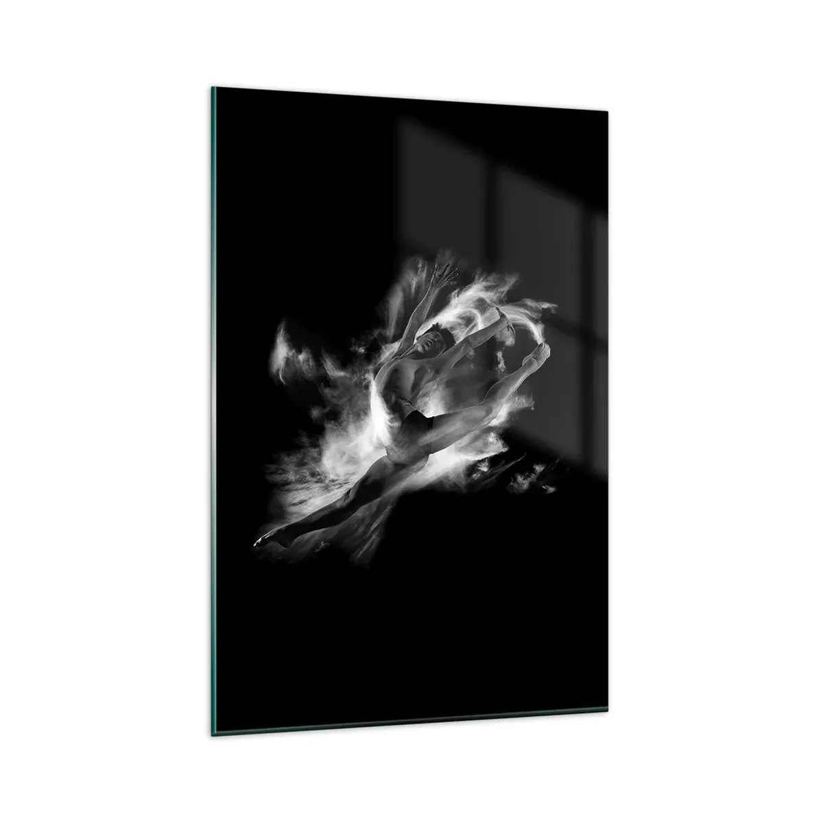 Cuadro sobre vidrio - Impresiones sobre Vidrio - Una bailarina en una pose dinámica sobre un fondo negro. - 80x120cm - El arte del vuelo - Decoración de pared moderna para salón y dormitorio ARTTOR
