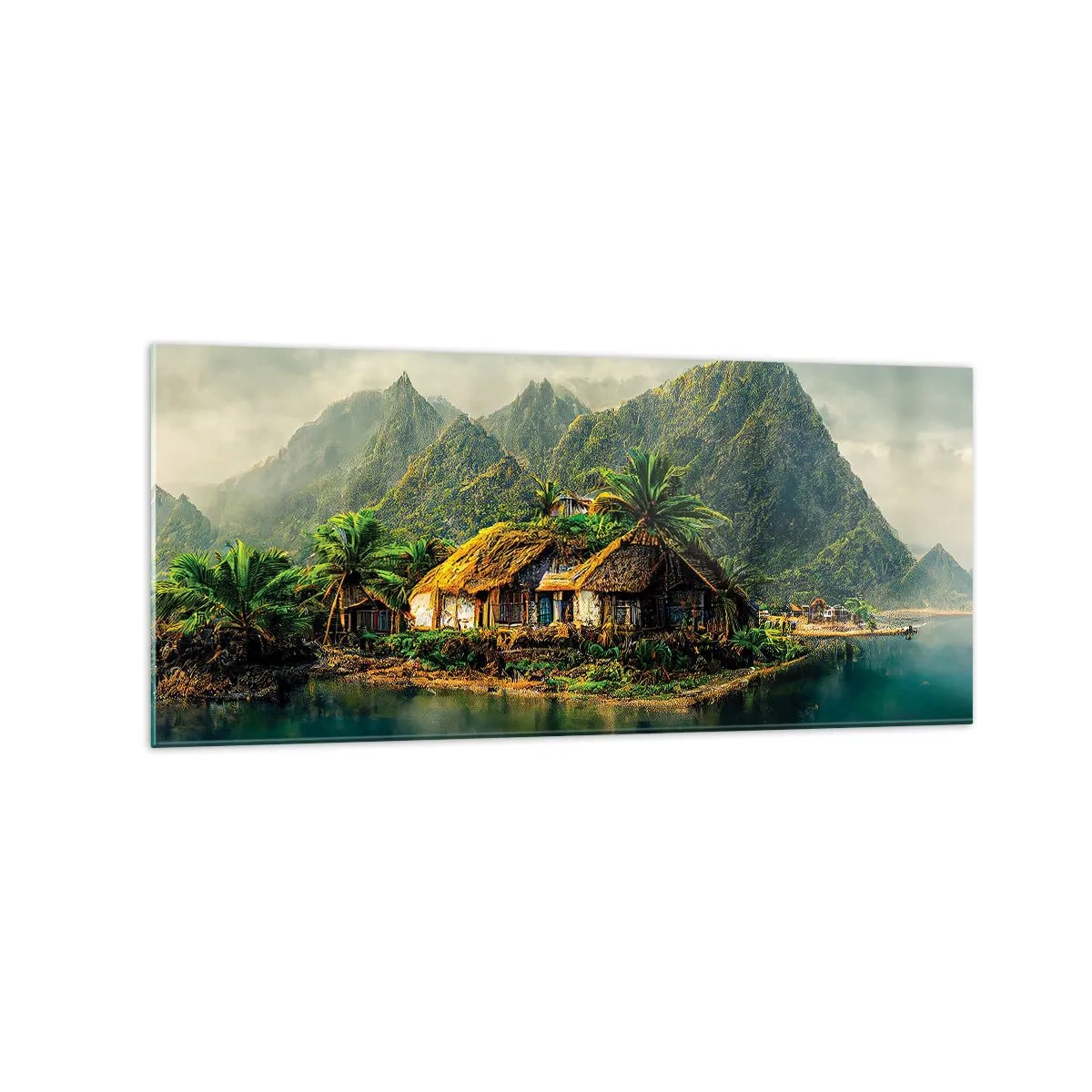 Cuadro sobre vidrio - Impresiones sobre Vidrio - Una isla tropical con palmeras y montañas al fondo. - 120x50cm - Paraíso tropical - Decoración de pared moderna para salón y dormitorio ARTTOR