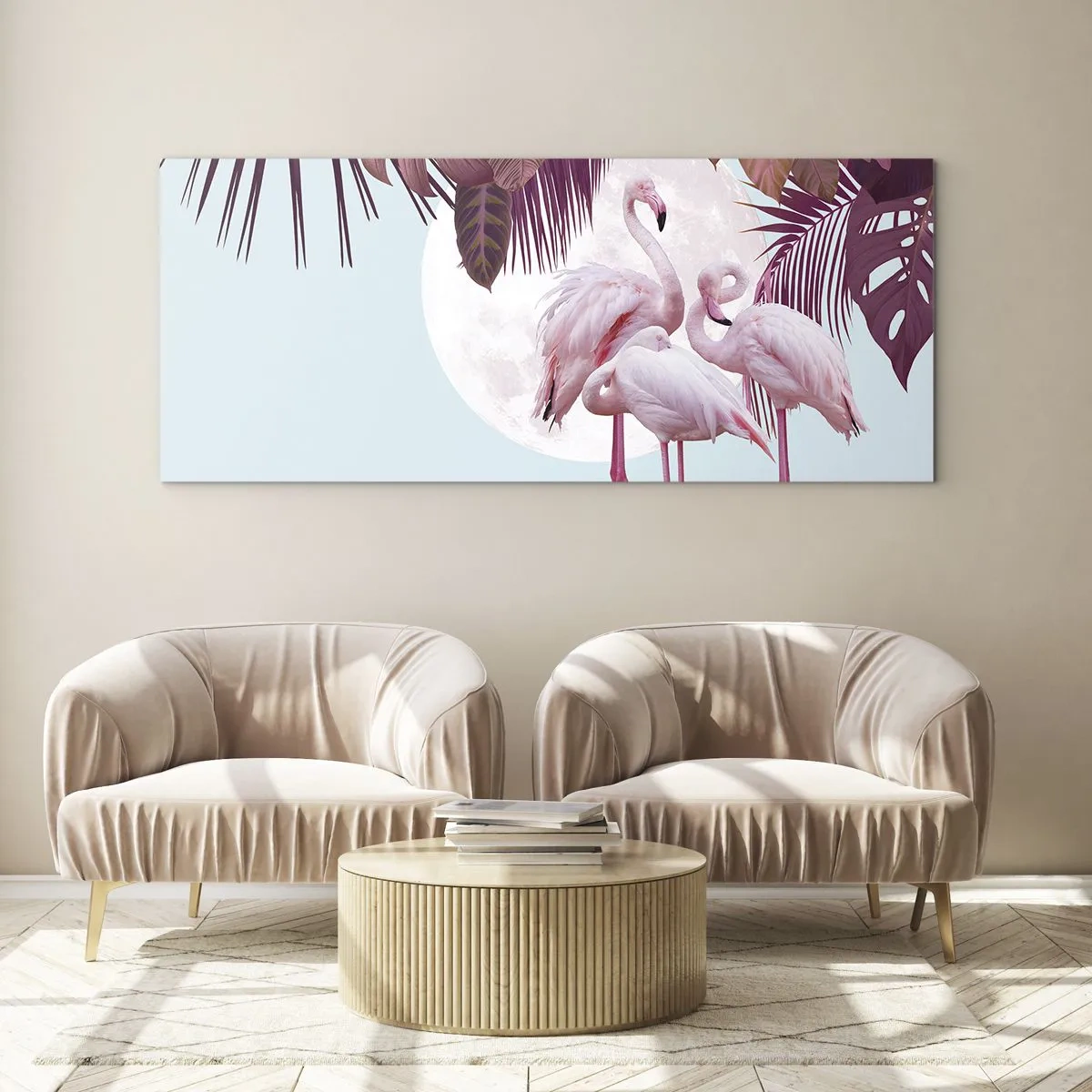 Cuadro sobre vidrio - Impresiones sobre Vidrio - Flamencos rosados con la luna y las hojas tropicales como telón de fondo. - 140x50cm - La grandeza de las aves - Decoración de pared moderna para salón y dormitorio ARTTOR