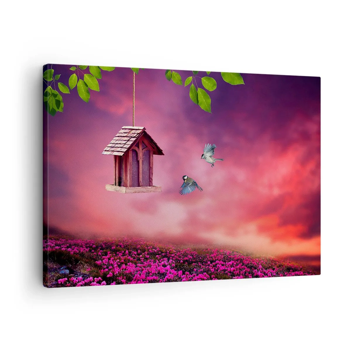 Cuadro sobre lienzo - Impresión de Imagen - Un paisaje pintoresco con una casa para pájaros y una puesta de sol. - 70x50cm - Invitación a una cena - Decoración de pared moderna para salón y dormitorio ARTTOR