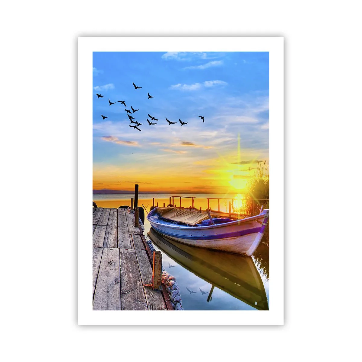 Póster - Un barco en un lago al atardecer con pájaros al fondo. - 50x70cm - Adiós, hasta mañana - Decoración de pared moderna para salón y dormitorio ARTTOR