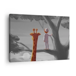 Cuadro sobre lienzo - Impresión de Imagen - Un niño y una jirafa en la rama de un árbol en un paisaje de cuento de hadas. - 70x50cm - ¿Está sucediendo de verdad? - Decoración de pared moderna para salón y dormitorio ARTTOR