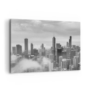 Cuadro sobre lienzo - Impresión de Imagen - Panorama de la ciudad con rascacielos en las nubes en blanco y negro - 120x80cm - Paisaje americano - Decoración de pared moderna para salón y dormitorio ARTTOR