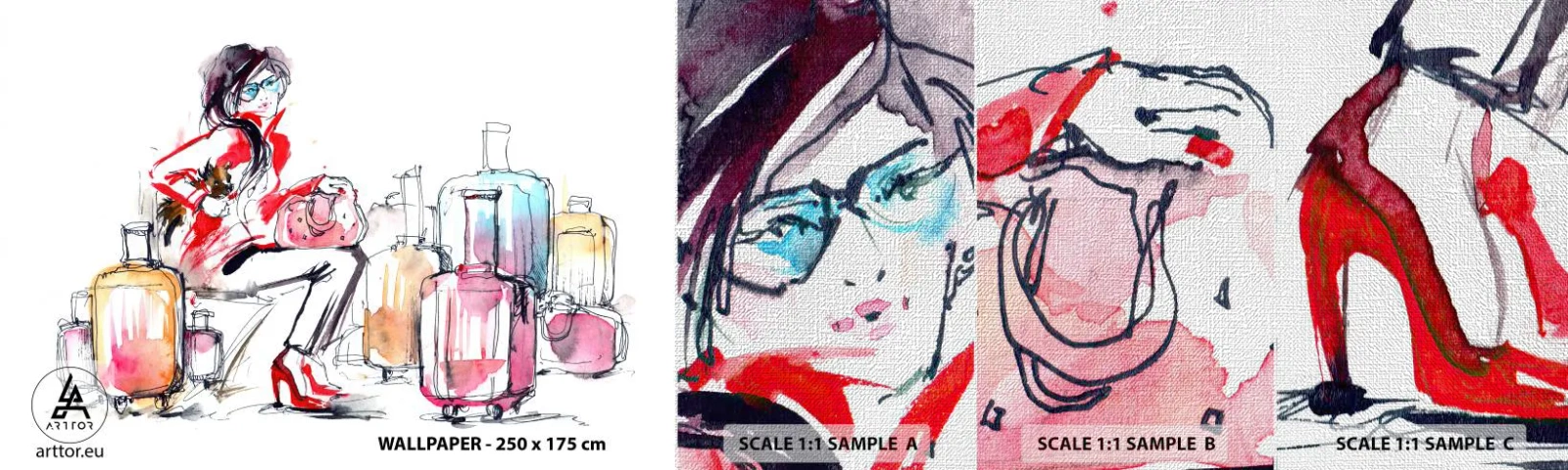 Muestra de fotomural Premium Canvas - Sentémonos antes del viaje - Mujer, Viaje, Maleta - 100x30 cm