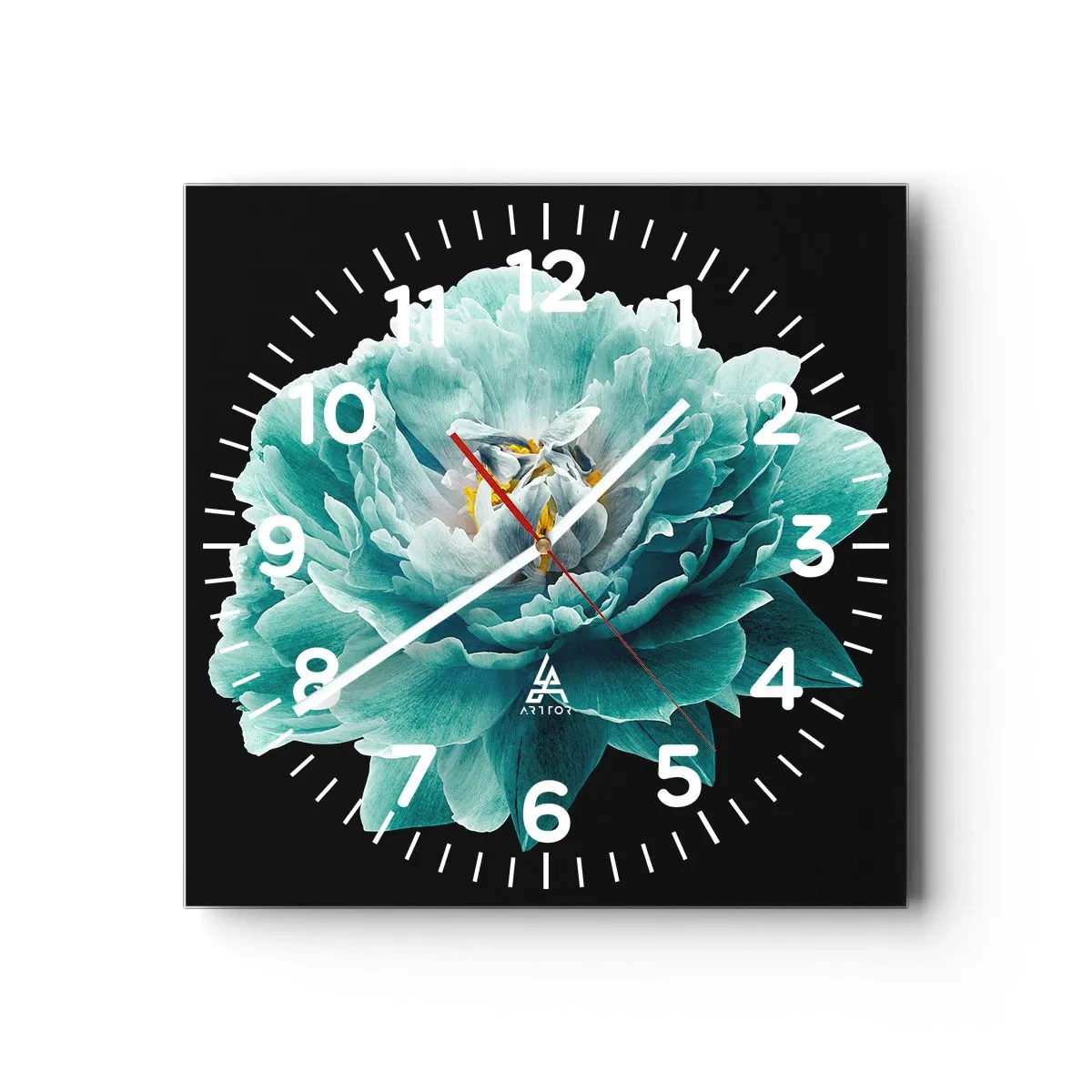 Reloj de pared - Reloj de vidrio - Pétalos azules y dorados - 40x40 cm