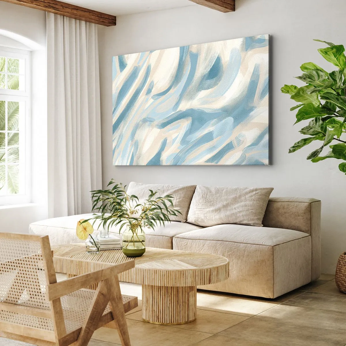 Cuadro sobre lienzo - Impresión de Imagen - Rayas azules abstractas sobre un fondo claro - 70x50cm - Brisas primaverales - Decoración de pared moderna para salón y dormitorio ARTTOR