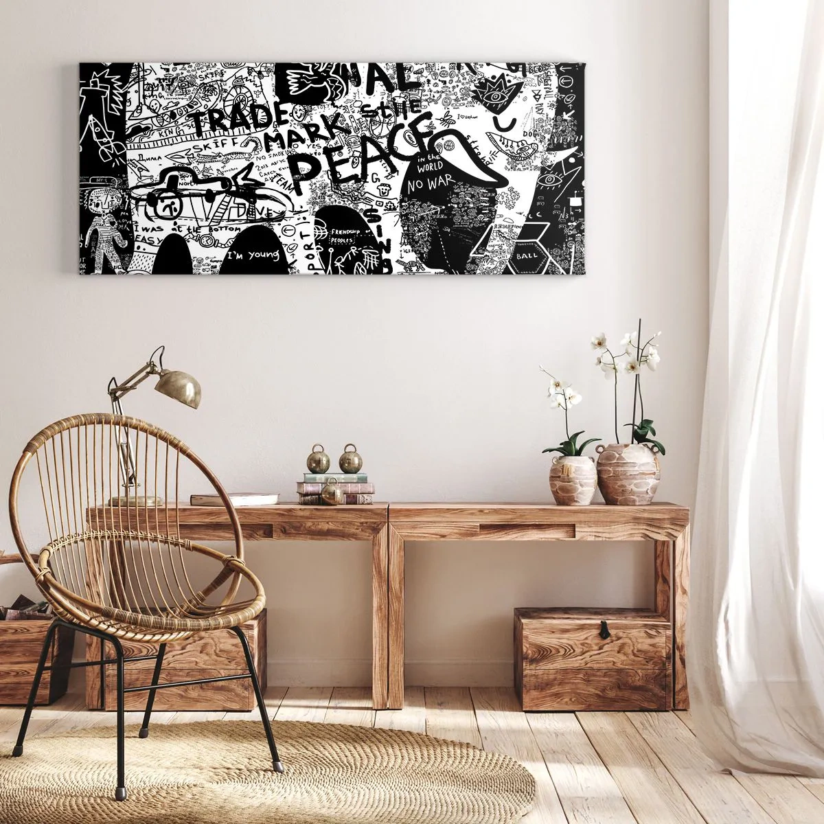 Cuadro sobre lienzo - Impresión de Imagen - Gráficos en blanco y negro con motivos de grafiti. - 120x50cm - El rico mundo de la calle - Decoración de pared moderna para salón y dormitorio ARTTOR