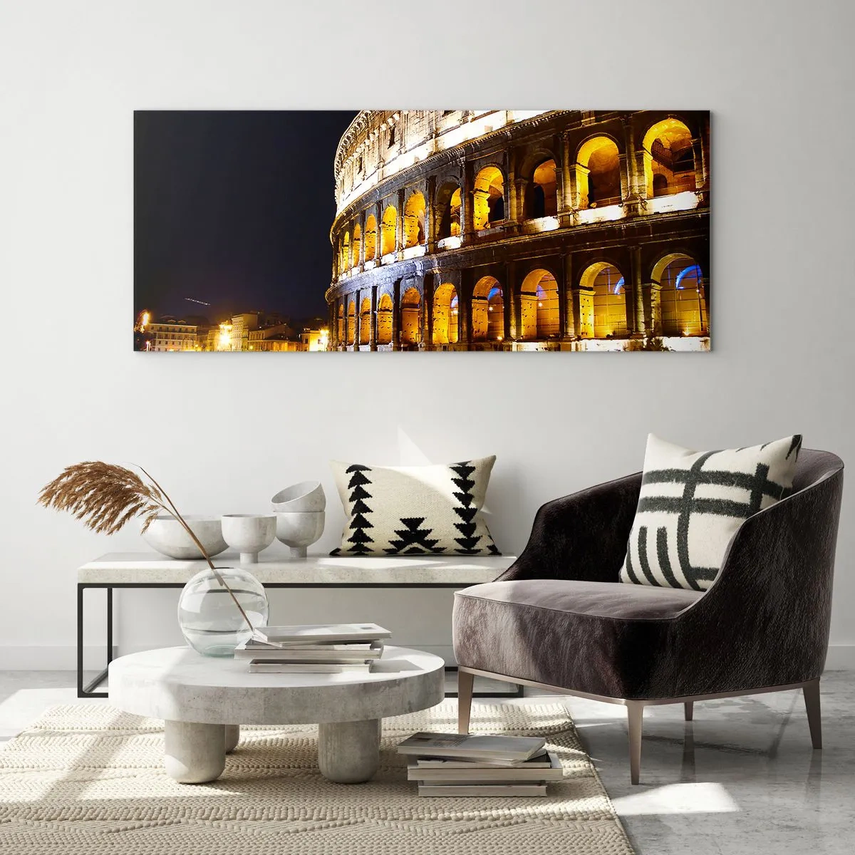 Cuadro sobre vidrio - Impresiones sobre Vidrio - El Coliseo iluminado por luces por la noche en Roma - 120x50cm - Los juegos están a punto de comenzar - Decoración de pared moderna para salón y dormitorio ARTTOR