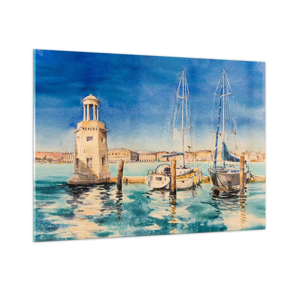 Cuadro sobre vidrio - Impresiones sobre Vidrio - Marina de acuarela con faro y yates amarrados - 100x70cm - Laguna soleada - Decoración de pared moderna para salón y dormitorio ARTTOR