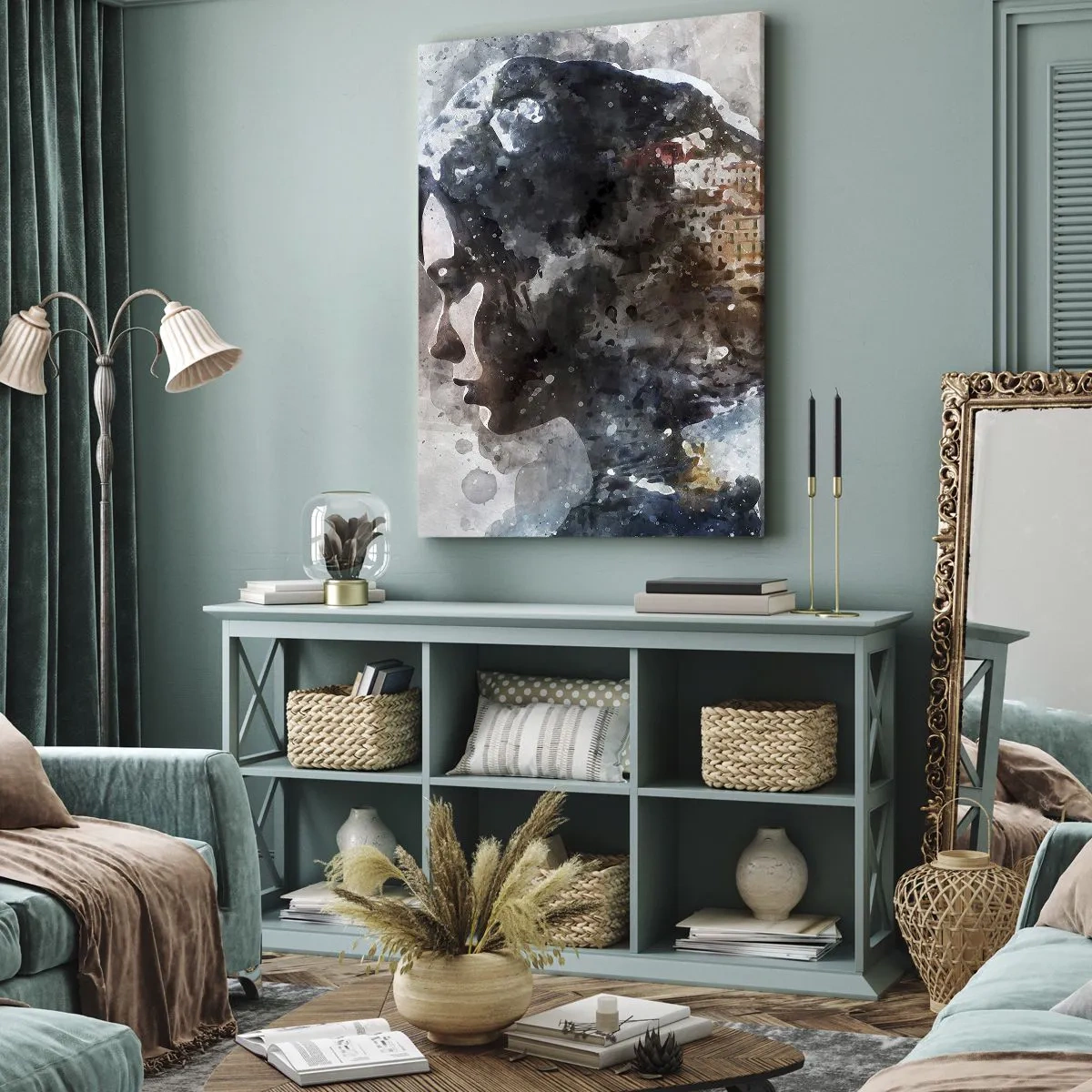 Cuadro sobre lienzo - Impresión de Imagen - Una historia sobre una niña con una ciudad de fondo - 55x100 cm