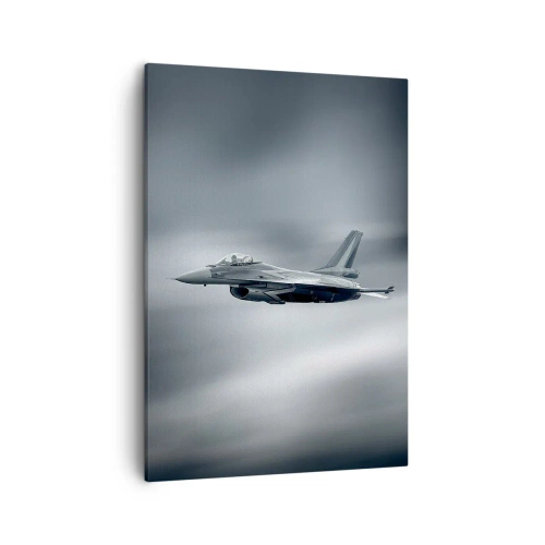 Cuadro sobre lienzo - Impresión de Imagen - Un avión de combate en vuelo contra un cielo nublado. - 50x70cm - ¿Quieres un reto? - Decoración de pared moderna para salón y dormitorio ARTTOR