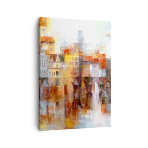 Cuadro sobre lienzo - Impresión de Imagen - Un pintoresco panorama de la ciudad con un puente en colores otoñales. - 50x70cm - Puente y ciudad - Decoración de pared moderna para salón y dormitorio ARTTOR