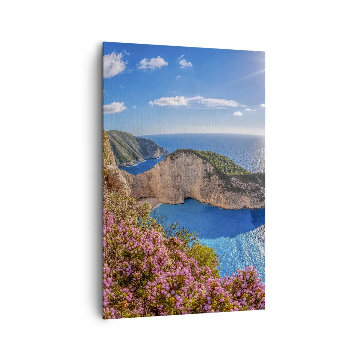 Cuadro sobre lienzo - Impresión de Imagen - Un acantilado con flores, un mar turquesa y un soleado paisaje griego. - 80x120cm - Mis grandes vacaciones en Grecia - Decoración de pared moderna para salón y dormitorio ARTTOR