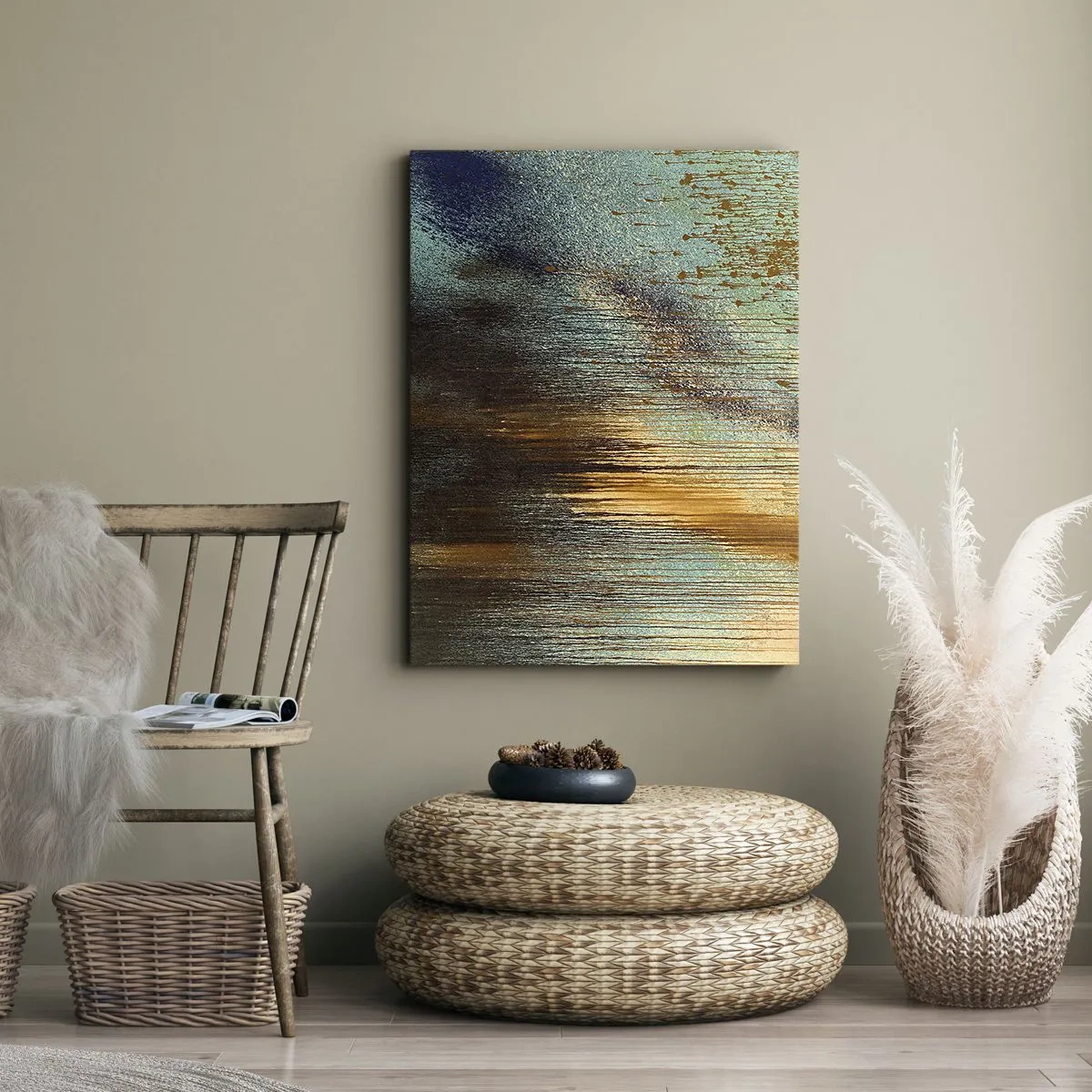 Cuadro sobre lienzo - Impresión de Imagen - Una composición abstracta de colores en tonos dorados, marrones y azules. - 80x120cm - Una composición colorista no accidental - Decoración de pared moderna para salón y dormitorio ARTTOR