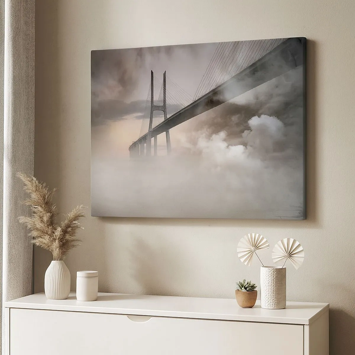 Cuadro sobre lienzo - Impresión de Imagen - Un puente sobre un río rodeado de niebla por la mañana. - 70x50cm - Junto al río que no existe - Decoración de pared moderna para salón y dormitorio ARTTOR