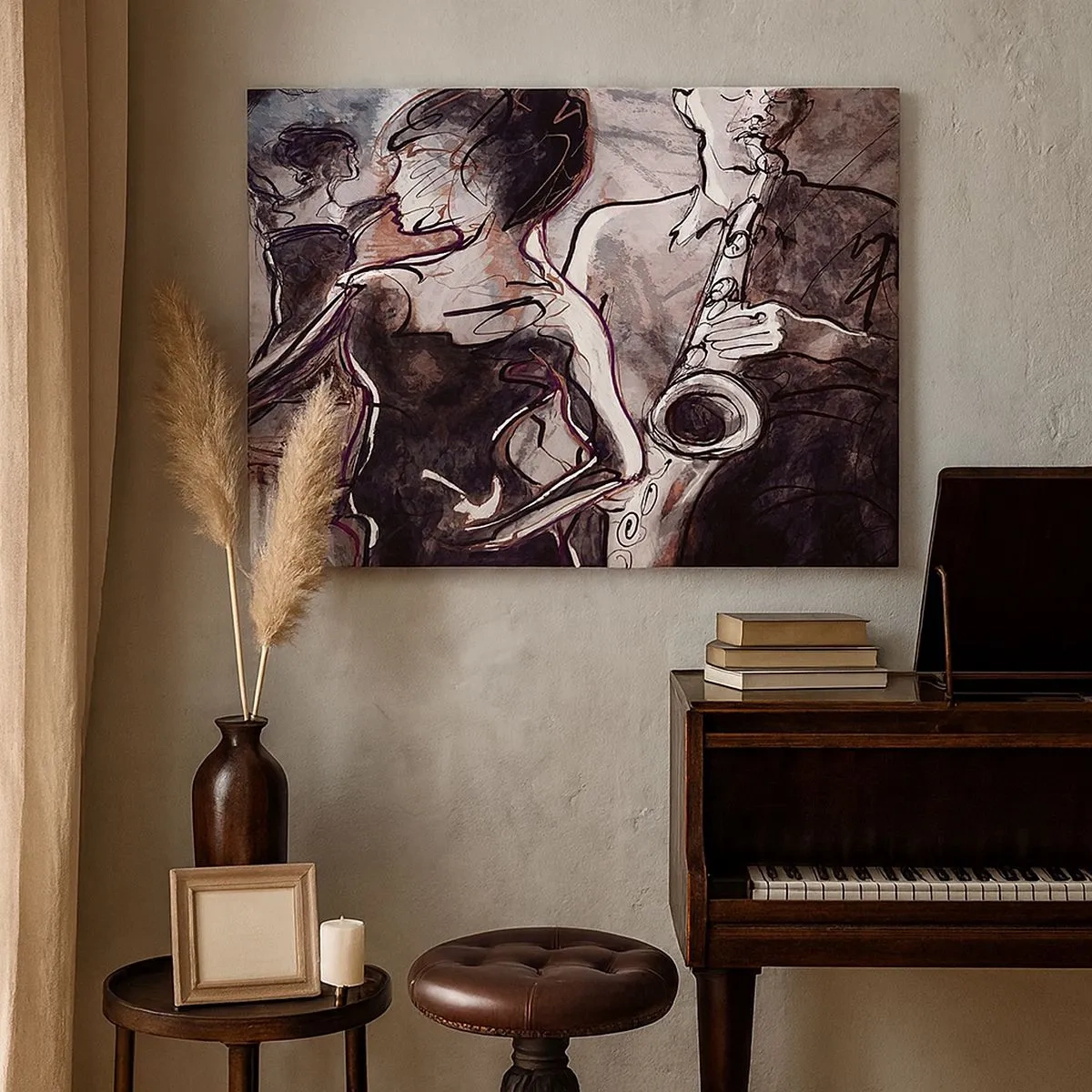 Cuadro sobre lienzo - Impresión de Imagen - Escena de jazz abstracta con un saxofonista y una mujer bailando. - 70x50cm - Fundirse en uno con la música - Decoración de pared moderna para salón y dormitorio ARTTOR