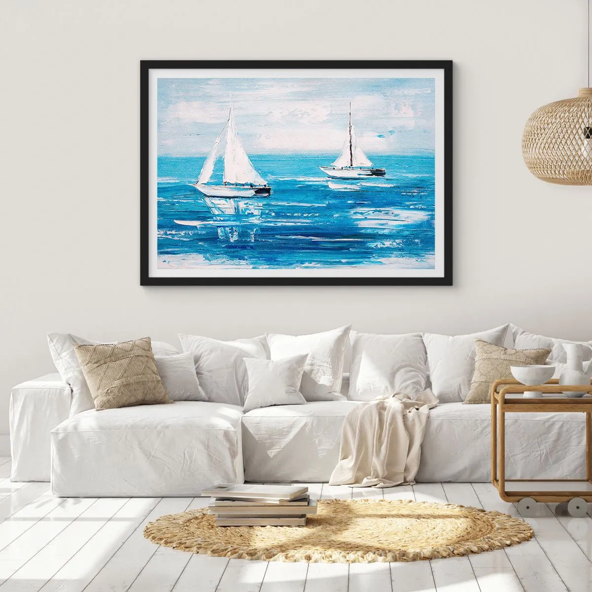 Póster en marco negro - Yates en el mar azul en estilo artístico. - 100x70cm - Con un amigo a tu lado - Decoración de pared moderna para salón y dormitorio ARTTOR