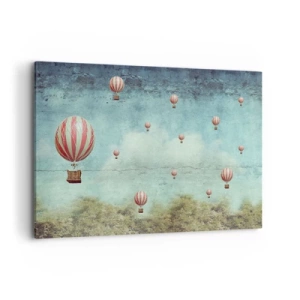 Cuadro sobre lienzo - Impresión de Imagen - Globos retro contra un cielo azul y un fondo verde. - 120x80cm - Libre del ajetreo de la vida - Decoración de pared moderna para salón y dormitorio ARTTOR