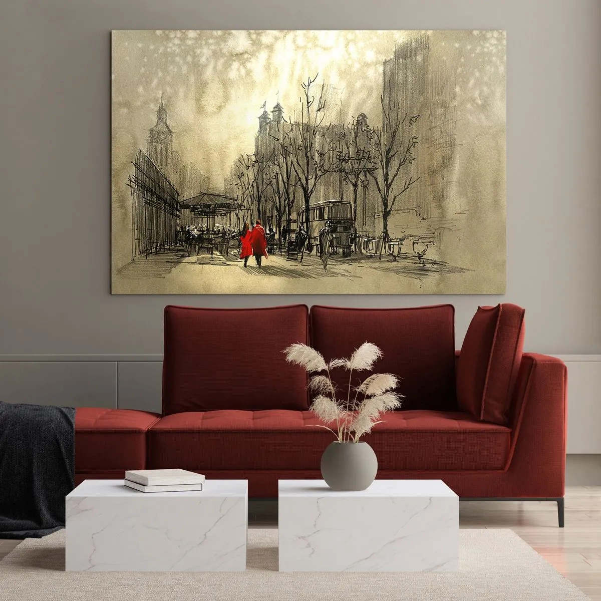 Cuadro sobre vidrio - Impresiones sobre Vidrio - Una cita en la niebla londinense con acento de abrigo rojo - 70x50cm - Cita en la niebla de Londres  - Decoración de pared moderna para salón y dormitorio ARTTOR