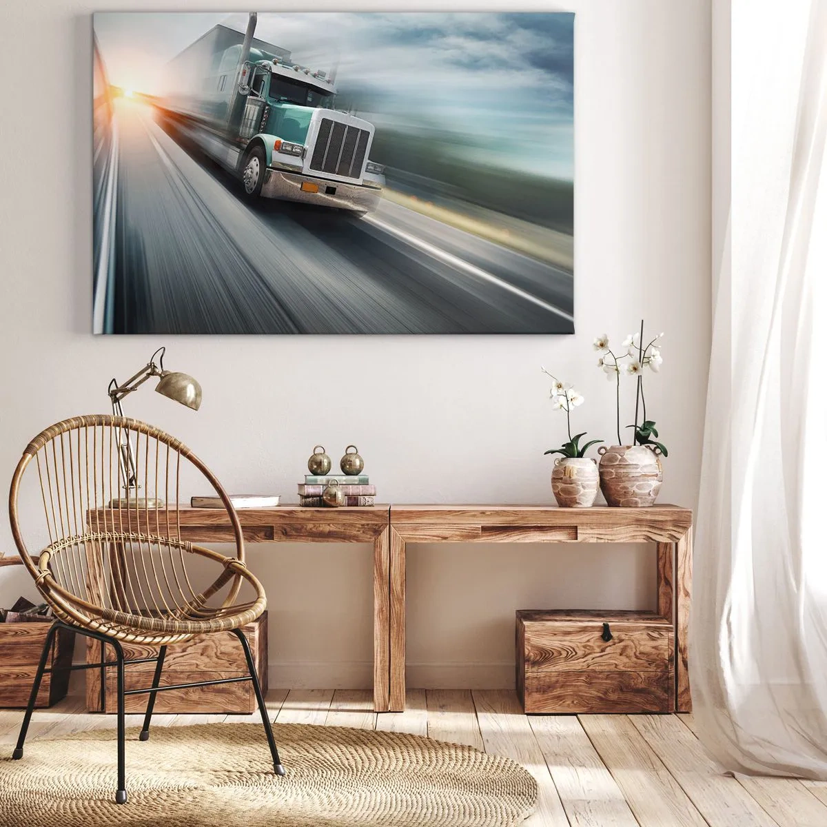 Cuadro sobre lienzo - Impresión de Imagen - Un camión en la carretera en movimiento al atardecer. - 100x70cm - Un gigante norteamericano en apuros - Decoración de pared moderna para salón y dormitorio ARTTOR