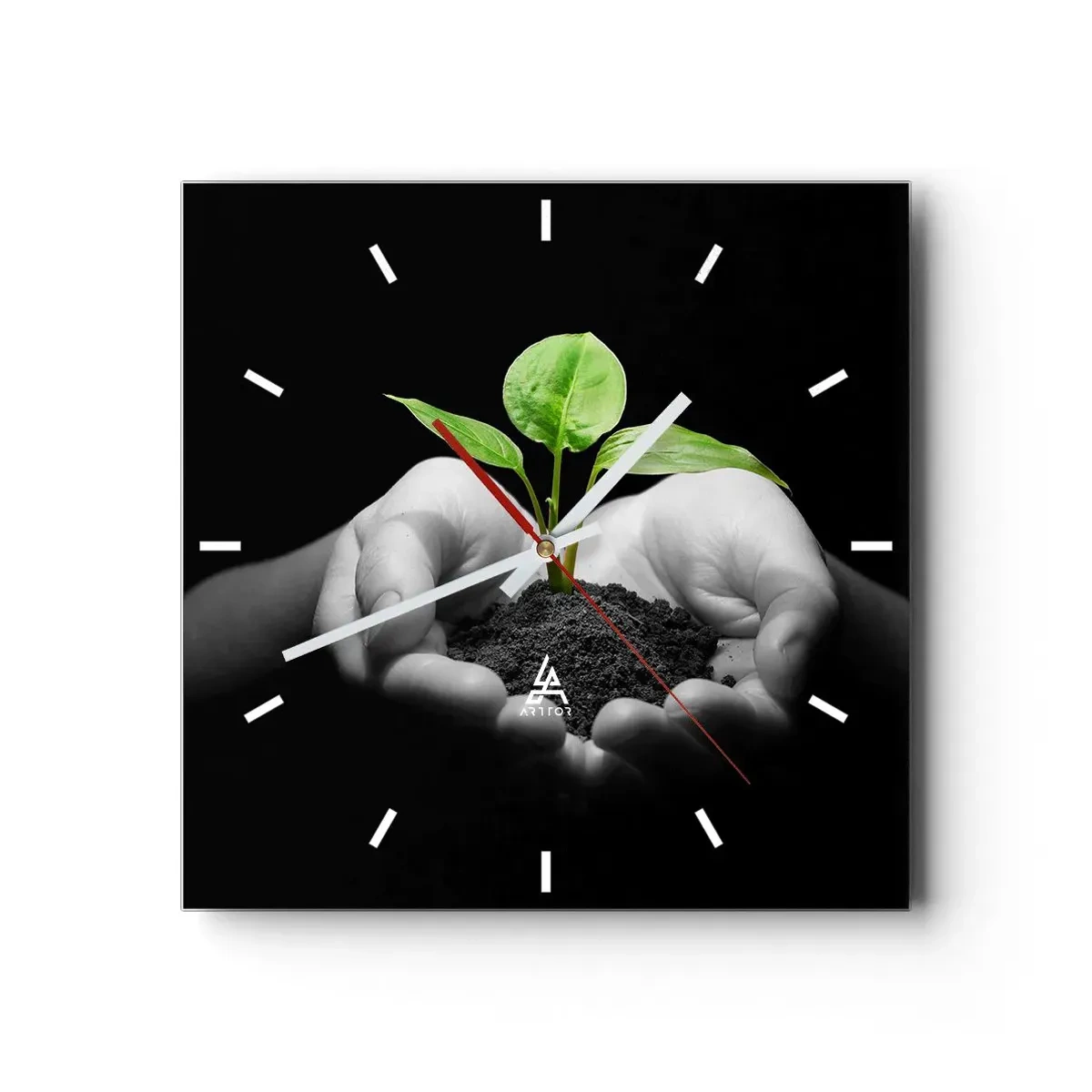 Reloj de pared - Reloj de vidrio - Manos sosteniendo una planta verde sobre un fondo negro - 30x30cm - Amo la naturaleza, la protejo - Decoración de pared moderna para salón y dormitorio ARTTOR