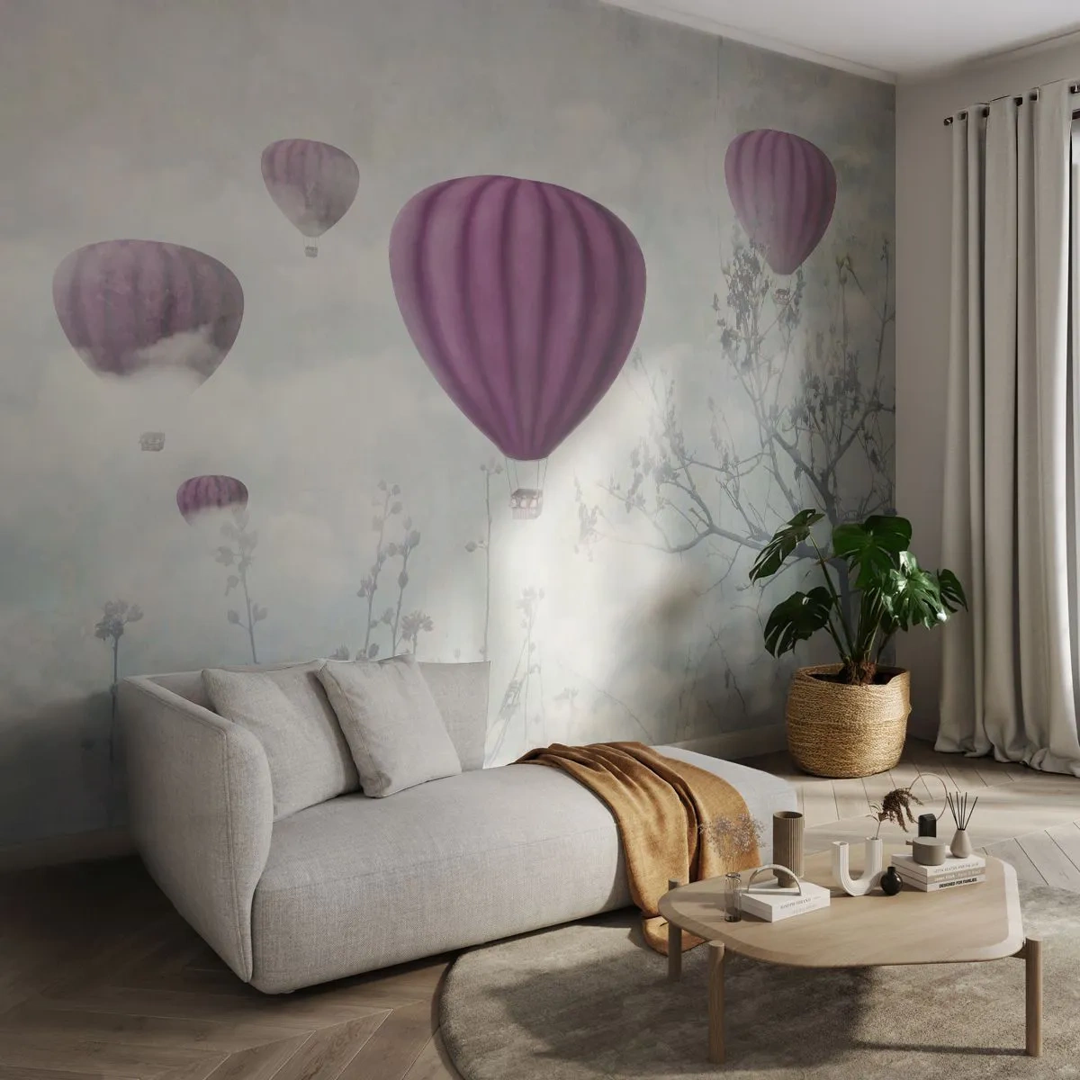 Fotomural Premium Canvas - Globos morados flotando sobre los árboles en las nubes. - 100x70cm - Surcando los cielos - Decoración de pared moderna para salón y dormitorio ARTTOR